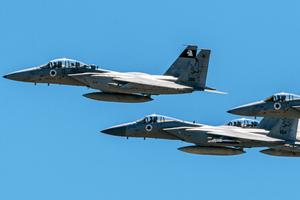 Israeli Air Force F-15s take part in a flyover in Rehovot, Israel, on April 26, 2023, to commemorate the State of Israel’s 75th Independence Day.