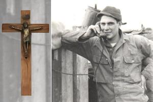 The crucifix brought home from Belgium by the author’s father during World War II is pictured alongside a wartime photo of his father.