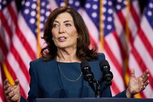 New York Gov. Kathy Hochul, shown at an appearance in May 2023 at SUNY Westchester Community College in Valhalla, hasn't publicly stated her opinion on the state's assisted-suicide legislation.