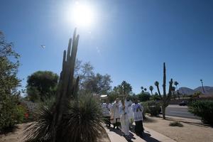 Sun bears down on pilgrims along the National Eucharistic Pilgrimage in California.