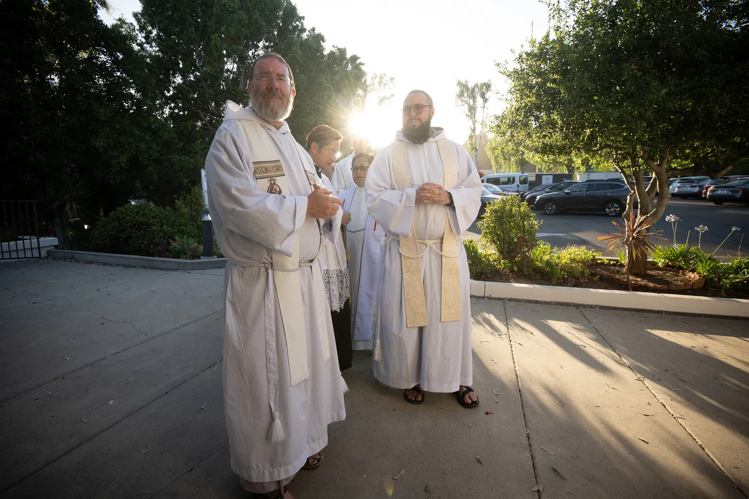 Members of the Franciscan Friars of the Renewal gather outside Mission San Diego de Alcalá, the first mission church founded by St. Junípero Serra in 1769, ahead of the Pilgrimage’s liturgical celebrations.