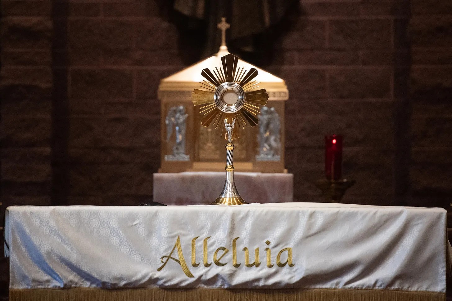The Blessed Sacrament rests upon the altar at Sacred Heart Church in Palm Desert, California, during Eucharistic Adoration.