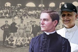 Background: A Knights of Columbus baseball team poses for a team photograph in Boston on Aug. 30, 1902. Foreground: Richard Whitney’s painting of Blessed Michael McGivney (l) and Leo XIV wearing a Chicago White Sox cap during the June 11 general audience in St. Peter’s Square. 
