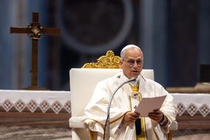 Pope Leo XIV delivers his homily during the solemnity of the Most Holy Trinity and the Jubilee of Sport on June 15, 2025, in St. Peter’s Basilica at the Vatican.
