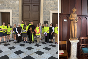 L to R: The pilgrims, at the Basilica of the National Shrine of the Assumption in Baltimore on June 19; a statue of the namesake of their pilgrimage at the chapel attached to Seton House, also in Baltimore.
