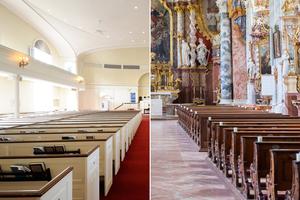 Interiors of a Unitarian church (l) and the Catholic parish church of St. George and Pancras, part of the former Cistercian monastery in Raitenhaslach, Germany.
