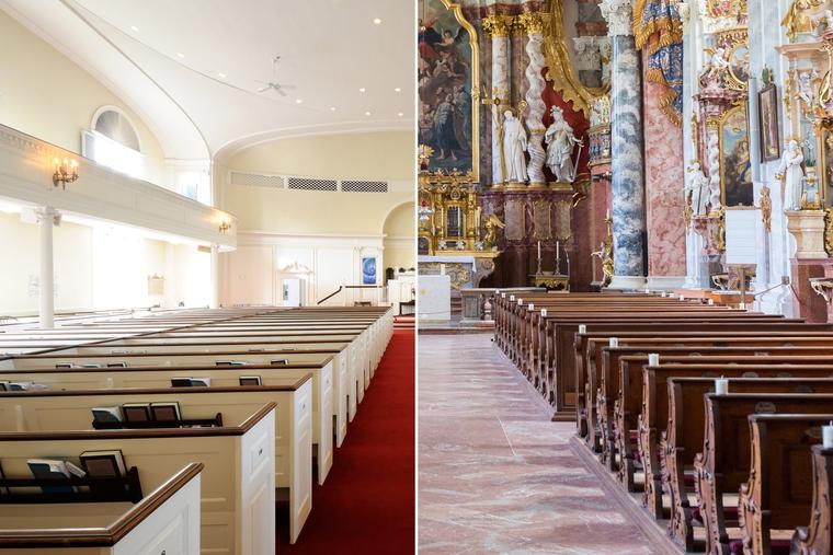 Interiors of a Unitarian church (l) and the Catholic parish church of St. George and Pancras, part of the former Cistercian monastery in Raitenhaslach, Germany.
