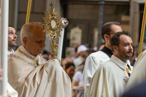 The Pope celebrates Corpus Domini in Rome with a Eucharistic procession along Via Merulana, carrying the Blessed Sacrament in a monstrance all the way to the Basilica of St. Mary Major.