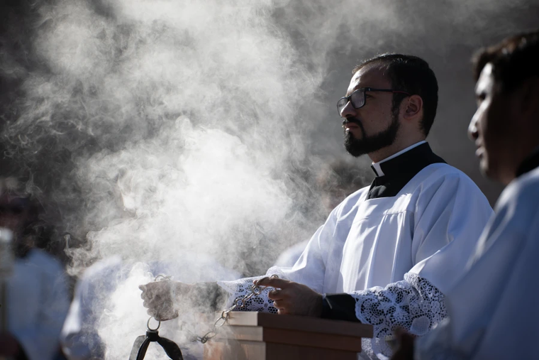Smoke from incense drifts in the air at the Cathedral of Our Lady of the Angels in Los Angeles, California, where the 2025 National Eucharistic Pilgrimage concluded on June 22, 2025,
