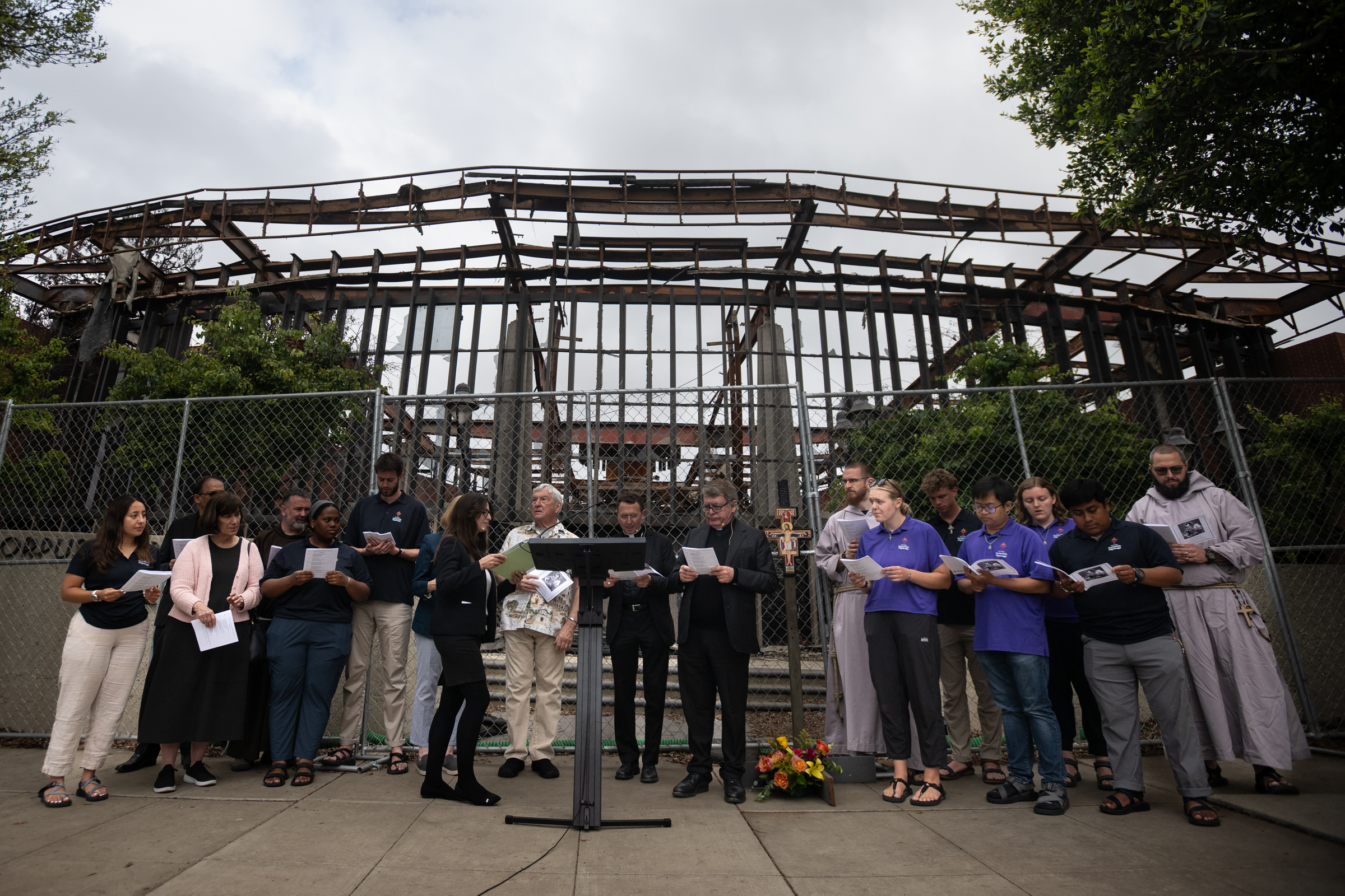 Bishop Andrew Cozzens leads Morning Prayer outside Corpus Christi Church in Pacific Palisades, June 2025