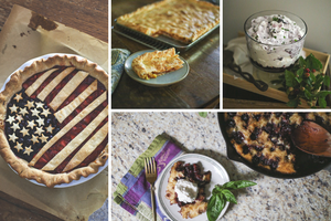 Clockwise from left: Old Glory Berry Pie, Peach Slab Pie, Blackberry Fool and Cherry and Basil Cobbler 