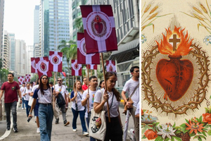 L to R: The ‘Humility March’ is a prayerful city-wide Eucharistic procession and public act of reparation to the Sacred Heart of Jesus; detail of vintage prayer card.
