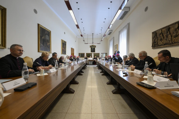 Pope Leo XIV meets with the synod’s 16th ordinary council near the Vatican on Thursday, June 26, 2025.