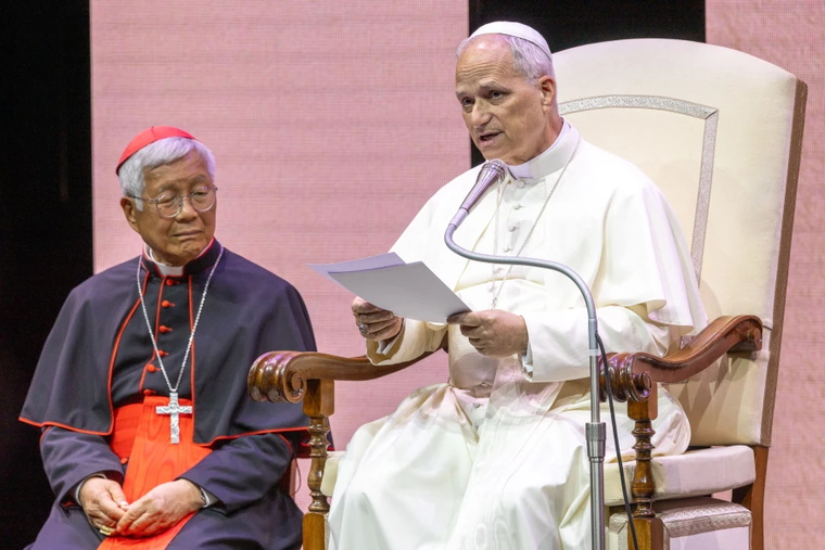 Pope Leo XIV addresses participants in a meeting of priests promoted by the Dicastery for the Clergy as part of the Jubilee of Seminarians, Bishops, and Priests on June 26, 2025, in the Auditorium Conciliazione in Rome.