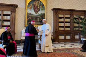 A delegation of Peruvian bishops greets Pope Leo XIV, inviting him to visit Peru, during an audience on June 30, 2025, at the Vatican.