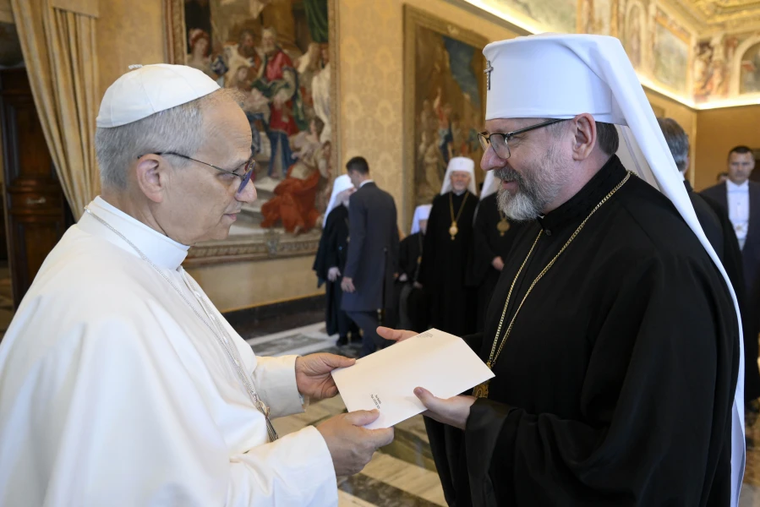 Pope Leo XIV greets Sviatoslav Shevchuk, primate of the Ukrainian Greek Catholic Church, on July 2, 2025, at the Vatican.