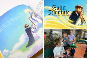 Interior page and cover of ‘St. Dominic and the Holy Rosary’; the children of Shaun McAfee, the book’s author, pray the Rosary.