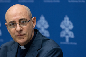 Cardinal Victor Manuel Fernández, prefect of the Dicastery for the Doctrine of the Faith, speaks during a press conference about a new Vatican document on human dignity on April 8, 2024.