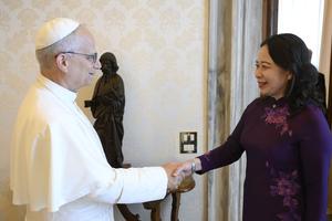 Vice President Võ Thị Ánh Xuân of Vietnam and Pope Leo XIV greet one another on June 30, 2025.