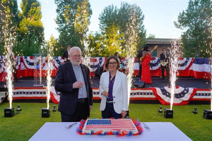 Archbishop Paul Richard Gallagher, the Vatican secretary for relations of states, and Laura Hochla, chargé d’affaires of the U.S. Embassy to the Holy See, addressed the crowd at Villa Richardson on June 30, 2025, in Rome, where the Fourth of July was celebrated this year with a special milestone: the recent election of the first pope born and raised in the United States.