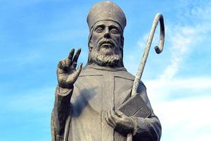 A statue of St. Malachy stands in Sterling Heights, Michigan