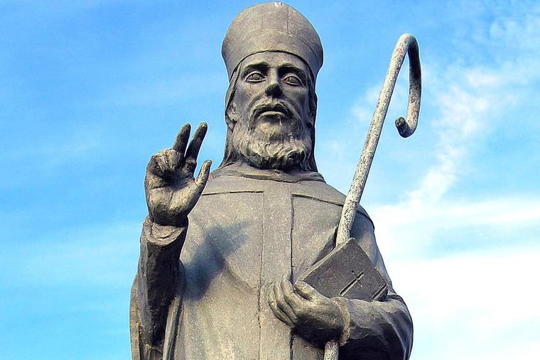 A statue of St. Malachy stands in Sterling Heights, Michigan
