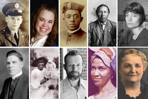 (Top L-R) Joseph Verbis Lafleur, Michelle Duppong, Father Augustus Tolton, Nicholas Black Elk, Dorothy Day. (Bottom L-R) Archbishop Fulton Sheen, Julia Greeley, Stanley Rother, Thea Bowman, Rhoda Wise.