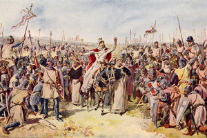 Depicted: Queen Elizabeth, mounted on a mule, preventing a civil war in 1323, on the field of Alvalade (‘St. Elizabeth of Aragon in the Alvalade Battlefield,’ by Roque Gameiro, in ‘Pictures of the History of Portugal,’ 1917).