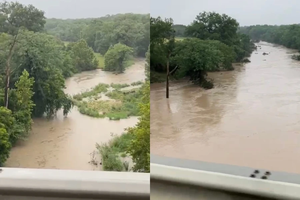The Guadalupe River, already spilling over its banks on July 4, 2025 (left), rose to a record breaking 47.4 feet on July 5 (right).