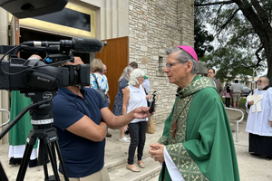 San Antonio Archbishop Gustavo Garcia-Siller speaks to the press after the memorial Mass for the Guadalupe River flood victims on July 6, 2025.