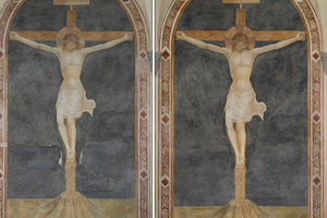 The 600-year-old ‘Crucifixion’ fresco, by Fra Angelico, before and after restoration. 