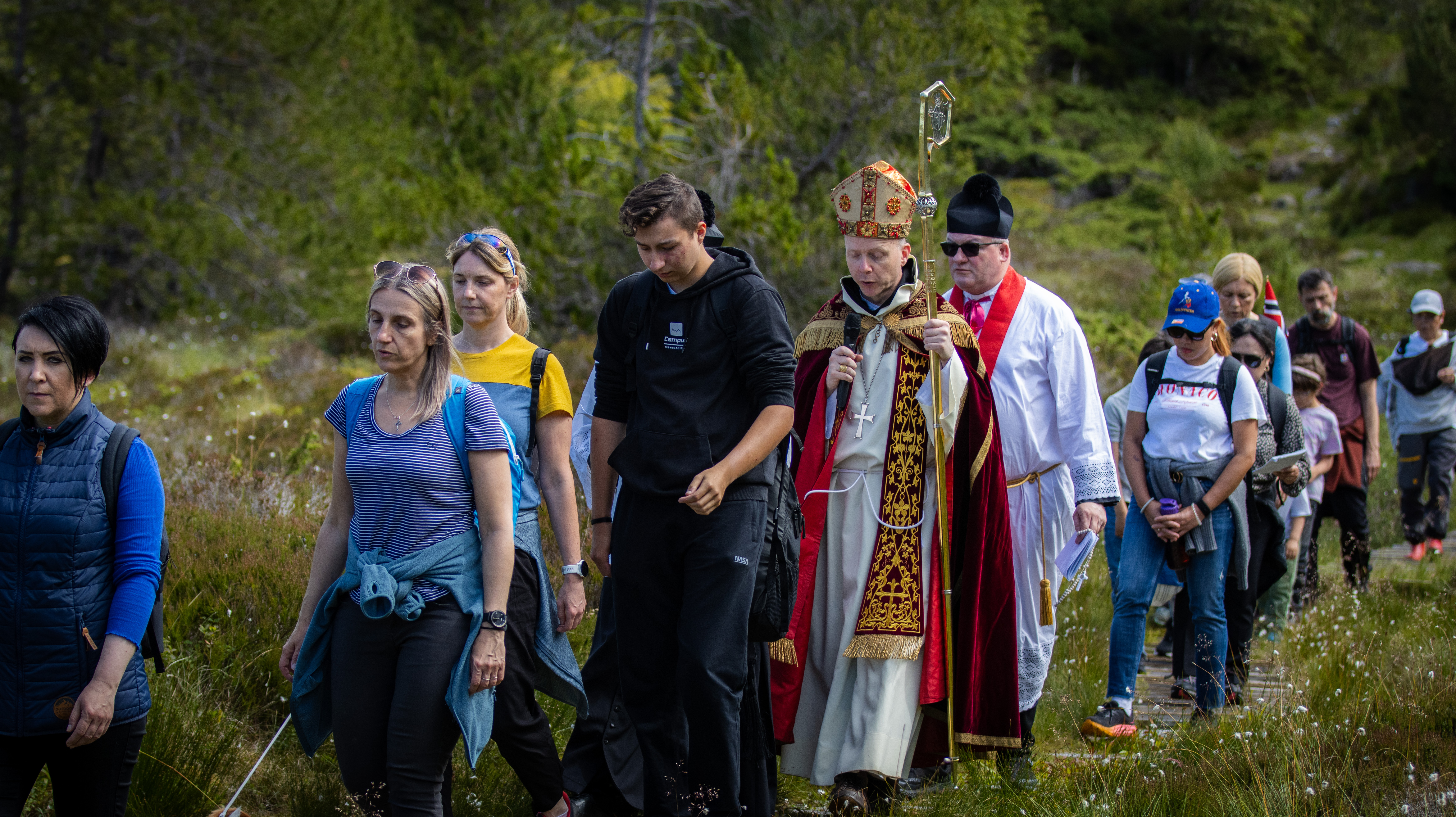 Procession led by Bishop Erik Varden to the ruins of the Benedictine Abbey on Selja