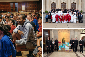 Clockwise from left: St. Mary’s Seminary & University seminarian Pascal Atunzu (Archdiocese of Baltimore) was one of the many St. Mary’s seminarians who helped with the annual Quo Vadis Camp. Full community on seminary front steps with Baltimore Archbishop William Lori, fall 2024. Some officers of the Michael McGivney Council of the Knights of Columbus with the diapers collected for this year’s diaper drive, which concluded on the Solemnity of the Annunciation, March 25, for the Gabriel Network of Crofton, Maryland. L to R: Tibor Nagy (Diocese of Wilmington), Gianni Verginio (Diocese of Syracuse), Jarek Sulak (Diocese of Pittsburgh), Colin Kulmoski (Diocese of Pittsburgh), C.J. Wild (Diocese of Buffalo/Archdiocese for the Military Services, USA), then-Deacon (now-Father) Joe Ryan (Diocese of Syracuse), and Michael Selton (Archdiocese of Baltimore).