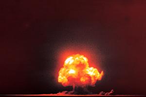The only well-exposed color photograph of the detonation of the Trinity test, taken by Jack Aeby, a civilian worker at Los Alamos National Laboratory, working under the aegis of the Manhattan Project.  