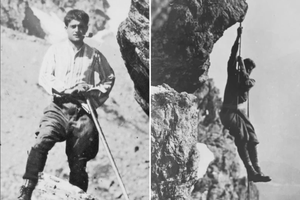 Photos of Pier Giorgio Frassati climbing in the Alps. The right photo shows him rappelling Rocca Sella on March 30, 1925.