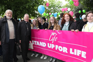 Bishop Kevin Doran of Elphin, chairman of the Irish bishops’ Council for Life (far left), and Archbishop Eamon Martin of Armagh, primate of all Ireland (second from left), stand with young pro-life activists at the 2024 Ireland March for Life in Dublin on May 6, 2024.