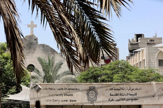 A view of the damage to the Holy Family church in Gaza City following an Israeli strike on the church, in the Zeitoun neighborhood of Gaza City on July 17, 2025. The Latin Patriarchate of Jerusalem said an Israeli strike on Gaza's only Catholic church killed two and injured several people on July 17, including the parish priest, as well as causing damage to the building. 