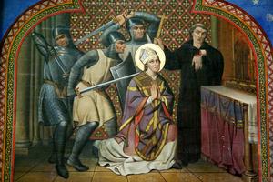 Wall painting of the murder of St. Thomas Becket at Bayeux Cathedral.