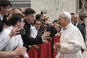 Pope Leo talks with seminarians taking part in the Jubilee of Seminarians on June 24, 2025.
