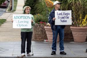 Two participants take part in a Life Chain pro-life event in West Reading, Pennsylvania, on Oct. 6, 2019.