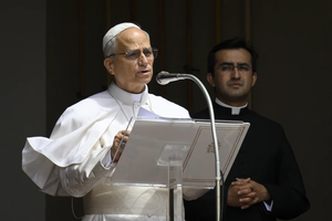 Pope Leo XIV delivers the Angelus address on July 13, 2025, from Liberty Square in Castel Gandolfo, Italy, where he was spending a two-week summer break.