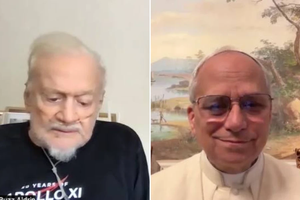 Pope Leo XIV speaks by video call with Apollo 11 astronaut Buzz Aldrin, and his wife Anca Faur, from Castel Gandolfo, Italy, on July 20, 2025.