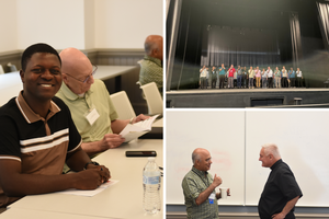 Priests learn how to speak well. Lower right: Franciscan Father Tojy Jose and Father Daniel Mode (speaker) converse.