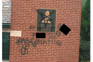 Church property sits vandalized at St. Elizabeth of Hungary Church in Pleasant Hills, Pennsylvania, in the Diocese of Pittsburgh, Sunday, July 19, 2025.