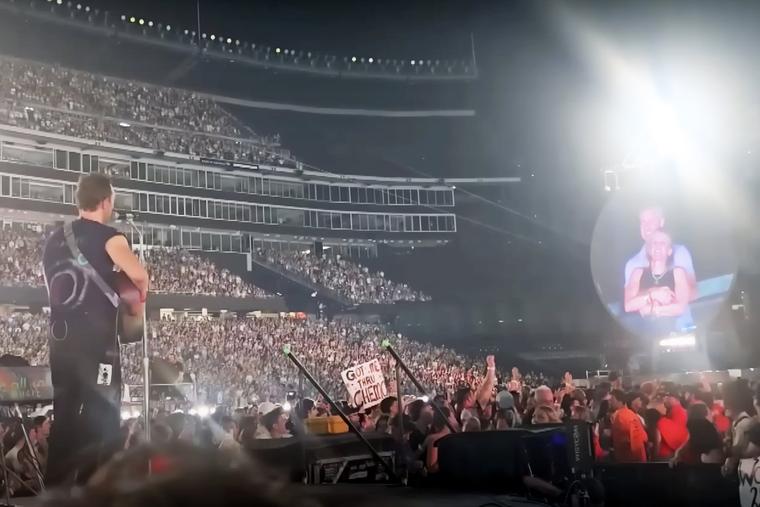 Chris Martin performs at Coldplay’s July 16 concert at Gillette Stadium in Foxborough, Massachusetts, where a viral kiss-cam moment involving two executives was captured.