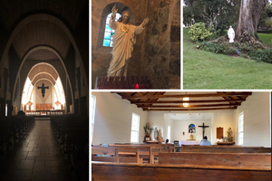 Clockwise from left: Chapel of St. Bernard Abbey in Alabama; Sacred Heart statue at St. Bernard Abbey; a Mary statue on the grounds of Mepkin Abbey’s retreat center in South Carolina, and prayer time in the chapel at Covecrest, in Tiger, Georgia.