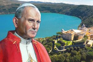 Guido Greganti’s 1983 painting of Pope St. John Paul II is seen with an aerial view of Lake Albano and Castel Gandolfo, Italy.