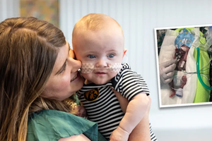 Mollie Keen holds her baby, Nash, the world’s youngest premature baby; Nash was born more than four months early and celebrated his first birthday this month.