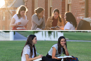 Top to bottom: Students converse on the Massachusetts and California campuses.