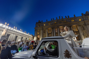 Pope Leo XIV waves from the popemobile during a surprise ride around St. Peter’s Square at the Vatican following the Jubilee of Youth welcome Mass on July 29, 2025.
